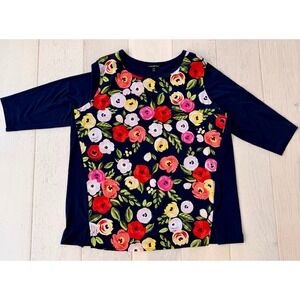 Lane Bryant Navy Blue Floral Print 3/4 Sleeve Knit Top Plus Size 18/20 Crew Neck